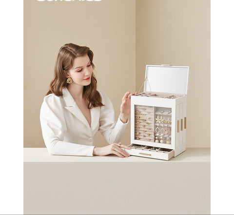 Rootz Jewelry Box - Jewelry Box - Trinket Organizer - Velvet Lining - 15.5cm x 26.1cm x 32cm -  White & Gold Design