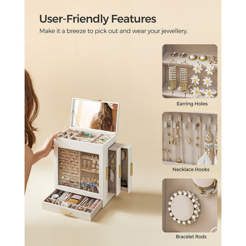 Rootz Jewelry Box - Jewelry Box - Trinket Organizer - Velvet Lining - 15.5cm x 26.1cm x 32cm -  White & Gold Design