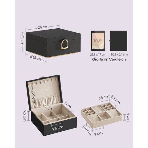 Rootz Jewelry Box Organizer - Black Storage Case - Velvet Lined - Compact Design - MDF Construction - 20.5cm x 24cm x 11cm