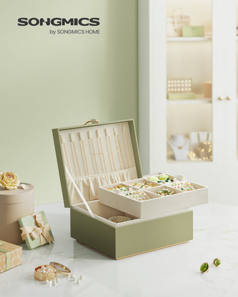 Rootz Laurel Green Jewelry Box - Organizer Case - Storage Container - MDF Construction - Velvet Lining - Compact Design - 20.5cm x 24cm x 11cm