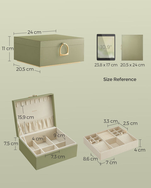 Rootz Laurel Green Jewelry Box - Organizer Case - Storage Container - MDF Construction - Velvet Lining - Compact Design - 20.5cm x 24cm x 11cm