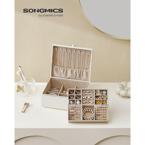 Rootz White Jewelry Box - Organizer Case - Storage Container - MDF Construction - Velvet Lining - Compact Size - 20.5cm x 24cm x 11cm