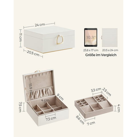 Rootz White Jewelry Box - Organizer Case - Storage Container - MDF Construction - Velvet Lining - Compact Size - 20.5cm x 24cm x 11cm