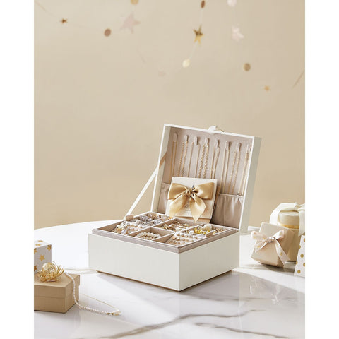 Rootz White Jewelry Box - Organizer Case - Storage Container - MDF Construction - Velvet Lining - Compact Size - 20.5cm x 24cm x 11cm