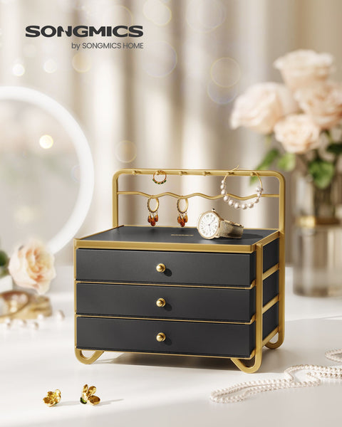 Rootz Jewelry Box Organizer - Storage Case - Velvet Lined - Steel Frame - Medium Density Fiberboard - Ink Black - 20.5cm x 22.7cm x 23.5cm - Lightweight - Compact Design - Easy Assembly