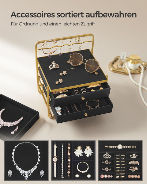 Rootz Jewelry Box Organizer - Storage Case - Velvet Lined - Steel Frame - Medium Density Fiberboard - Ink Black - 20.5cm x 22.7cm x 23.5cm - Lightweight - Compact Design - Easy Assembly