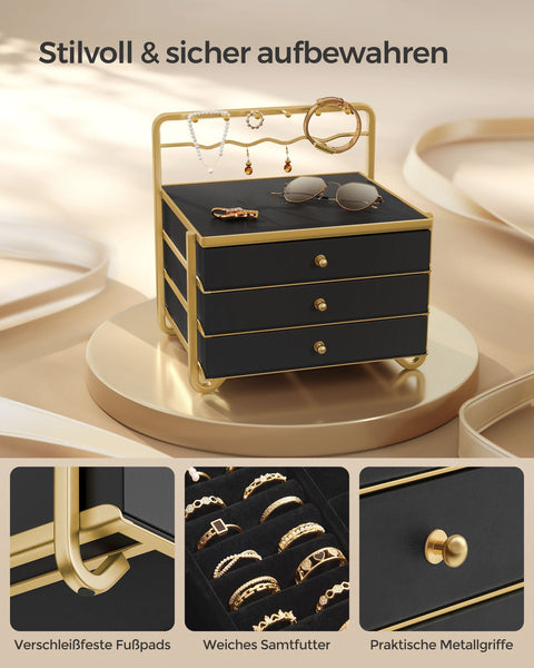 Rootz Jewelry Box Organizer - Storage Case - Velvet Lined - Steel Frame - Medium Density Fiberboard - Ink Black - 20.5cm x 22.7cm x 23.5cm - Lightweight - Compact Design - Easy Assembly