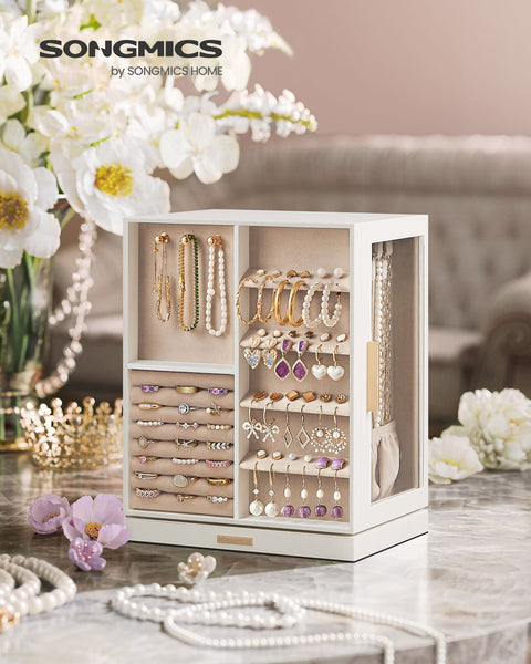 Rootz Jewelry Box Organizer - Storage Case - White Velvet Lined - Elegant Design - Compact Size - MDF Construction - 16cm x 22.2cm x 28.5cm