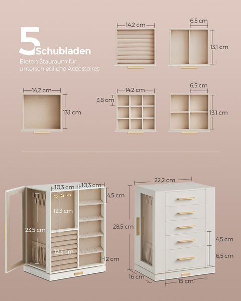 Rootz Jewelry Box Organizer - Storage Case - White Velvet Lined - Elegant Design - Compact Size - MDF Construction - 16cm x 22.2cm x 28.5cm