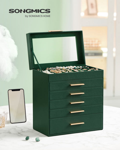 Rootz Jewelry Box Organizer - Forest Green-Golden - MDF PU Velvet Glass - Storage Solution - Elegant Design - Compact Size - 16.3cm x 25.1cm x 29cm - Lightweight 2.4kg