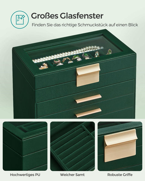 Rootz Jewelry Box Organizer - Forest Green-Golden - MDF PU Velvet Glass - Storage Solution - Elegant Design - Compact Size - 16.3cm x 25.1cm x 29cm - Lightweight 2.4kg
