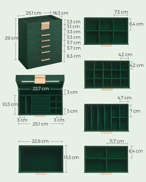 Rootz Jewelry Box Organizer - Forest Green-Golden - MDF PU Velvet Glass - Storage Solution - Elegant Design - Compact Size - 16.3cm x 25.1cm x 29cm - Lightweight 2.4kg
