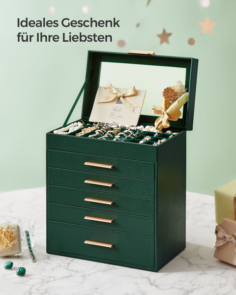 Rootz Jewelry Box Organizer - Forest Green-Golden - MDF PU Velvet Glass - Storage Solution - Elegant Design - Compact Size - 16.3cm x 25.1cm x 29cm - Lightweight 2.4kg