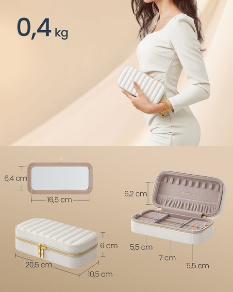 Rootz HOME ANAH Jewelry Box - Travel Organizer - White Case - PU Leather - 10.5cm x 20.5cm x 6cm