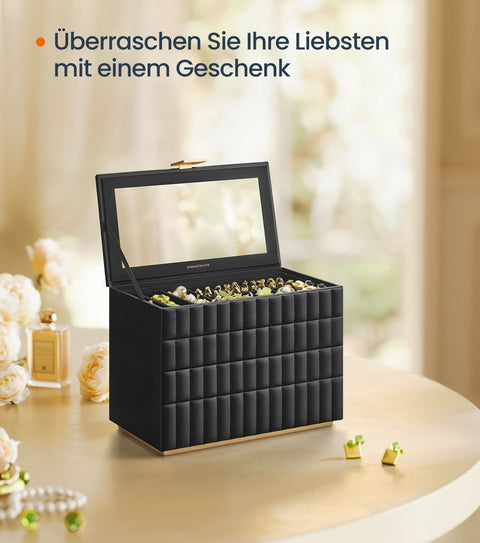 Rootz Jewelry Box with Mirror - Storage Box - Organizer - Ink Black - 17cm x 28cm x 20.5cm - PU Synthetic Leather - MDF - Velvet - Metal - Glass