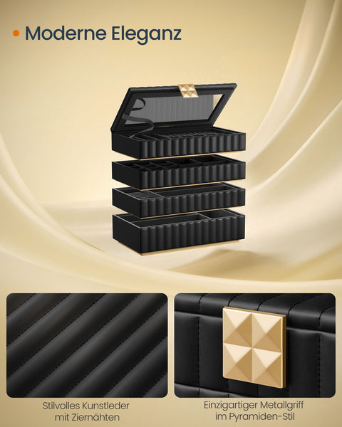 Rootz Jewelry Box with Mirror - Storage Box - Organizer - Ink Black - 17cm x 28cm x 20.5cm - PU Synthetic Leather - MDF - Velvet - Metal - Glass