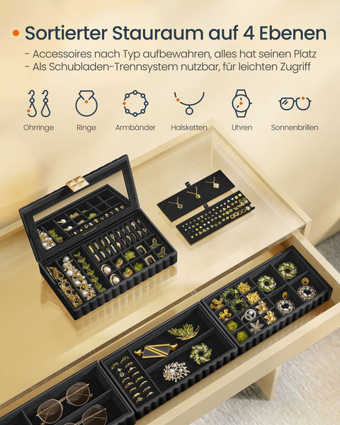 Rootz Jewelry Box with Mirror - Storage Box - Organizer - Ink Black - 17cm x 28cm x 20.5cm - PU Synthetic Leather - MDF - Velvet - Metal - Glass