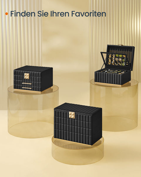 Rootz Jewelry Box with Mirror - Storage Box - Organizer - Ink Black - 17cm x 28cm x 20.5cm - PU Synthetic Leather - MDF - Velvet - Metal - Glass