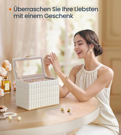 Rootz Jewelry Box with Mirror - Organizer - Storage Case - Cloud White - 17cm x 28cm x 20.5cm - Modern Style - PU Leather/MDF/Velvet/Glass.