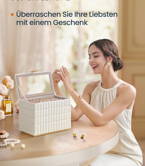 Rootz Jewelry Box with Mirror - Organizer Case - 4 Tier - Cloud White - 17cm x 28cm x 20.5cm - PU Synthetic Leather - MDF - Modern Style