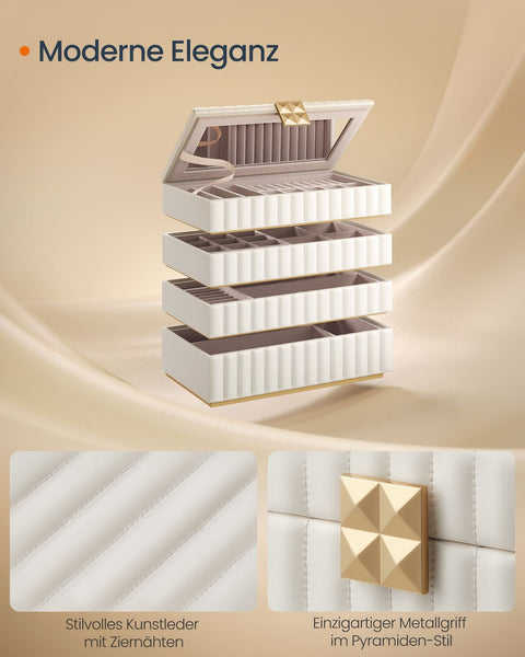 Rootz Jewelry Box with Mirror - Organizer Case - 4 Tier - Cloud White - 17cm x 28cm x 20.5cm - PU Synthetic Leather - MDF - Modern Style