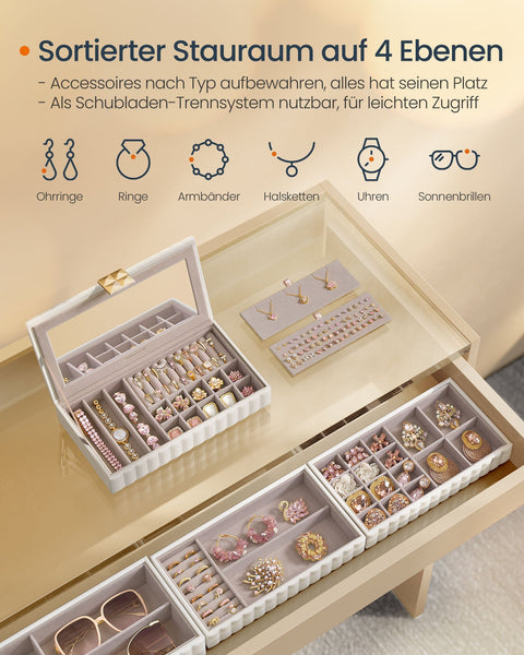Rootz Jewelry Box with Mirror - Organizer - Storage Case - Cloud White - 17cm x 28cm x 20.5cm - Modern Style - PU Leather/MDF/Velvet/Glass.