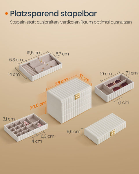 Rootz Jewelry Box with Mirror - Organizer - Storage Case - Cloud White - 17cm x 28cm x 20.5cm - Modern Style - PU Leather/MDF/Velvet/Glass.