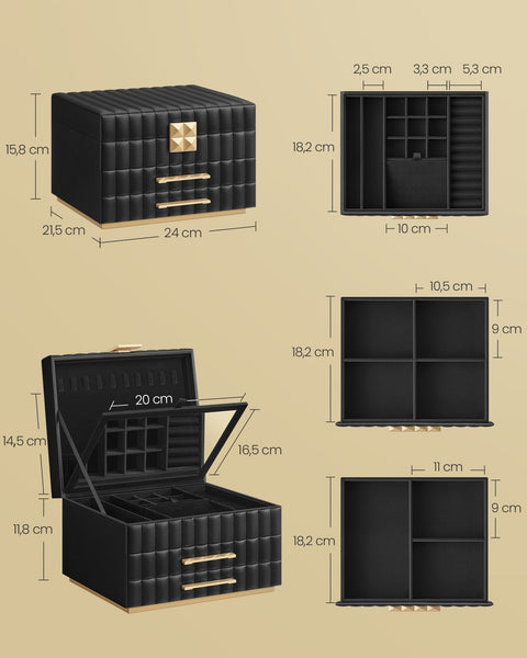 Rootz Jewelry Box with Mirror - Organizer Case - Storage Chest - PU Leather - 21.5cm x 24cm x 15.8cm