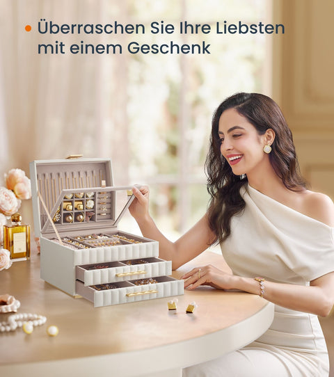 Rootz Jewelry Box with Mirror - Storage Organizer - White - 3 Levels - PU Leather - 21.5cm x 24cm x 15.8cm