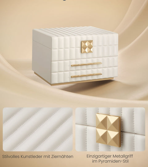 Rootz Jewelry Box with Mirror - Storage Organizer - White - 3 Levels - PU Leather - 21.5cm x 24cm x 15.8cm