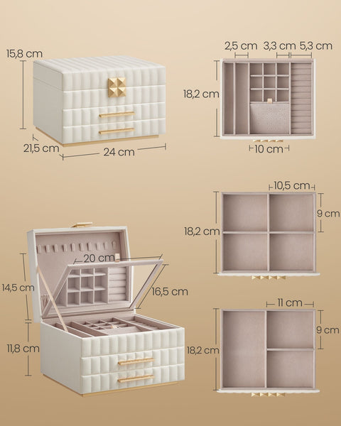 Rootz Jewelry Box with Mirror - Storage Organizer - White - 3 Levels - PU Leather - 21.5cm x 24cm x 15.8cm