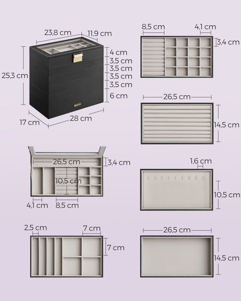 Rootz Jewelry Box Organizer - Storage Case - Jewelry Organizer - MDF PU Velvet - Compact Design - Multi-level Storage - Elegant Design - 17cm x 28cm x 25.3cm