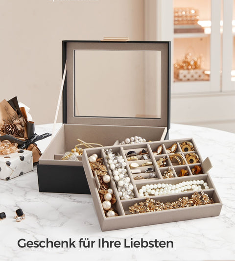 Rootz Jewelry Box - Trinket Organizer - Accessories Holder - Protective Glass Lid - 18.5cm x 23cm x 8.5cm