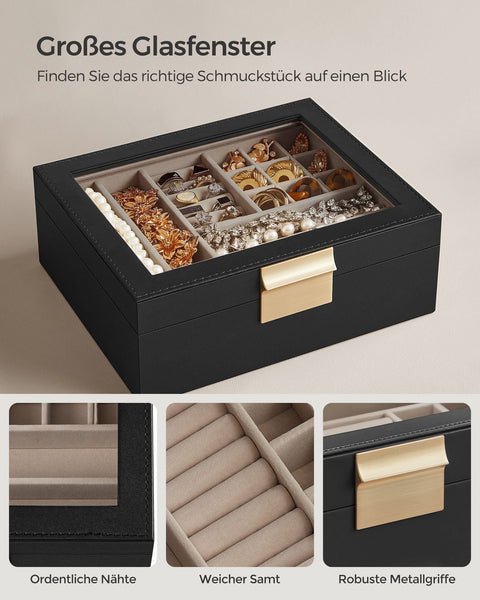 Rootz Jewelry Box Organizer - Storage Case - Velvet Lining - Glass Lid - MDF Construction - 18.5cm x 23cm x 8.5cm - Graphite Black-Metallic Gold