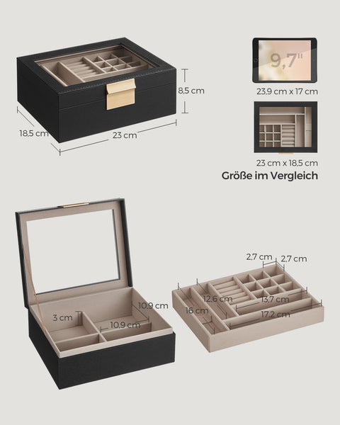 Rootz Jewelry Box Organizer - Storage Case - Velvet Lining - Glass Lid - MDF Construction - 18.5cm x 23cm x 8.5cm - Graphite Black-Metallic Gold