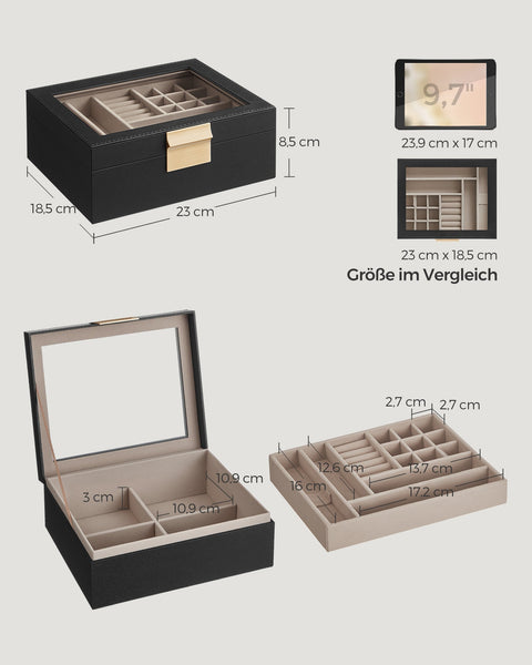Rootz Jewelry Box - Trinket Organizer - Accessories Holder - Protective Glass Lid - 18.5cm x 23cm x 8.5cm