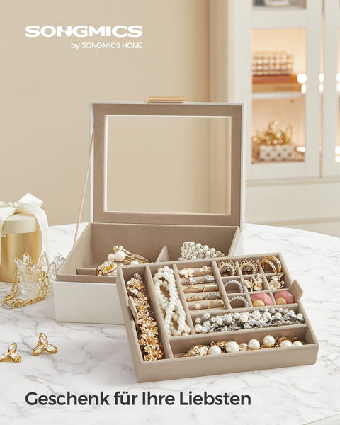 Rootz Jewelry Box Organizer - Storage Case - Velvet Lined - Glass Lid - MDF PU Construction - Cloud White-Metallic Gold - 18.5cm x 23cm x 8.5cm - 0.9kg