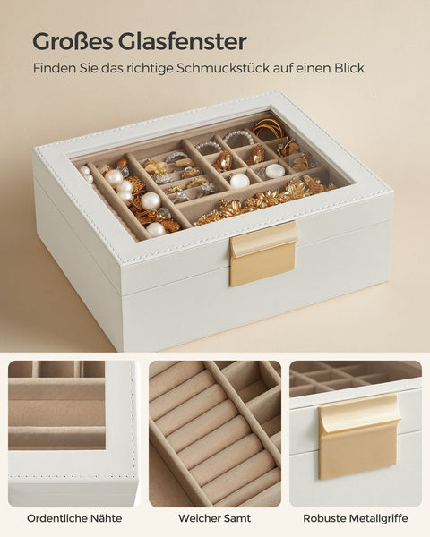 Rootz Jewelry Box Organizer - Storage Case - Velvet Lined - Glass Lid - MDF PU Construction - Cloud White-Metallic Gold - 18.5cm x 23cm x 8.5cm - 0.9kg