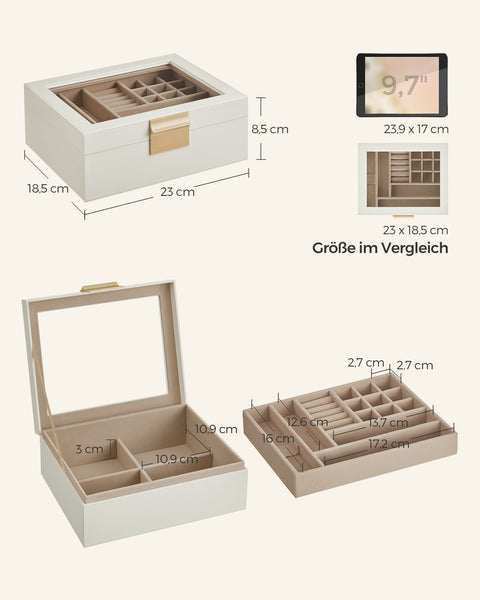 Rootz Jewelry Box Organizer - Storage Case - Velvet Lined - Glass Lid - MDF PU Construction - Cloud White-Metallic Gold - 18.5cm x 23cm x 8.5cm - 0.9kg