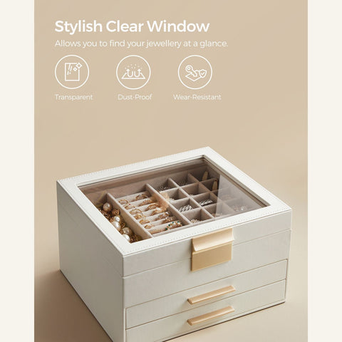 Rootz Jewelry Box - Organizer - Storage Case - MDF - PU - Velvet - Glass - Elegant Design - Gift Idea - Neat Organization - 23.1cm x 20.3cm x 13.5cm