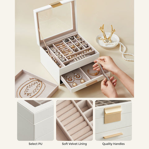 Rootz Jewelry Box - Organizer - Storage Case - MDF - PU - Velvet - Glass - Elegant Design - Gift Idea - Neat Organization - 23.1cm x 20.3cm x 13.5cm