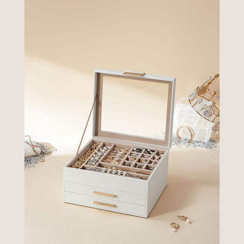 Rootz Jewelry Box - Organizer - Storage Case - MDF - PU - Velvet - Glass - Elegant Design - Gift Idea - Neat Organization - 23.1cm x 20.3cm x 13.5cm