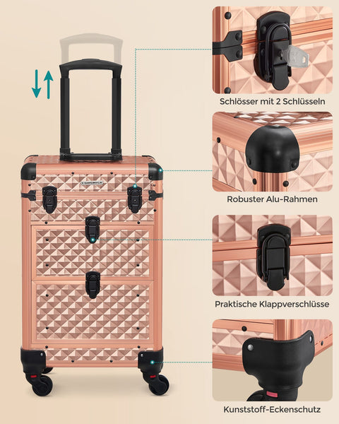 Rootz Champagne Gold Cosmetic Case - Makeup Organizer - Beauty Storage - Aluminum Frame - MDF - ABS Plastic - Portable - Lightweight - Spacious - 34cm x 24cm x 56cm