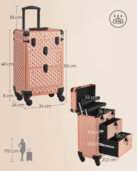 Rootz Champagne Gold Cosmetic Case - Makeup Organizer - Beauty Storage - Aluminum Frame - MDF - ABS Plastic - Portable - Lightweight - Spacious - 34cm x 24cm x 56cm