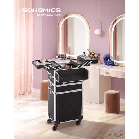 Rootz Cosmetic Case with Wheels - Makeup Organizer - Beauty Case - Aluminum Frame - MDF - ABS Plastic - 34cm x 24cm x 79.3cm - Black