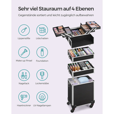 Rootz Cosmetic Case with Wheels - Makeup Organizer - Beauty Case - Aluminum Frame - MDF - ABS Plastic - 34cm x 24cm x 79.3cm - Black