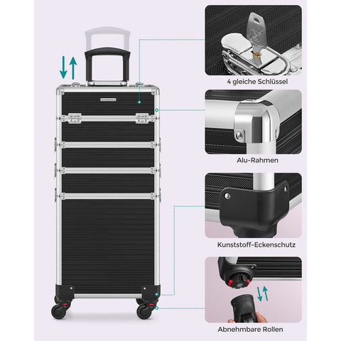 Rootz Cosmetic Case with Wheels - Makeup Organizer - Beauty Case - Aluminum Frame - MDF - ABS Plastic - 34cm x 24cm x 79.3cm - Black