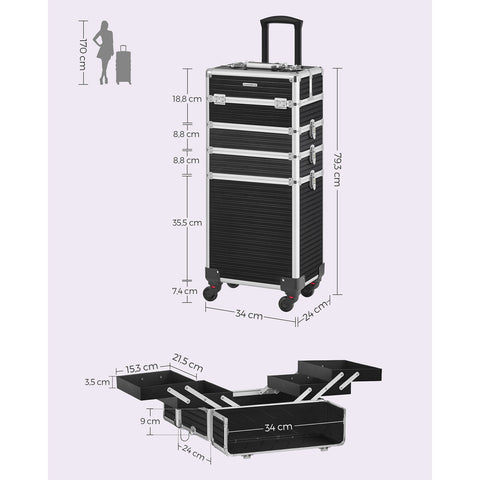 Rootz Cosmetic Case with Wheels - Makeup Organizer - Beauty Case - Aluminum Frame - MDF - ABS Plastic - 34cm x 24cm x 79.3cm - Black