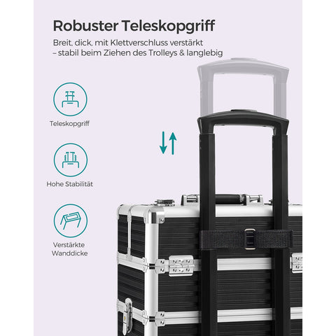 Rootz Cosmetic Case with Wheels - Makeup Organizer - Beauty Case - Aluminum Frame - MDF - ABS Plastic - 34cm x 24cm x 79.3cm - Black
