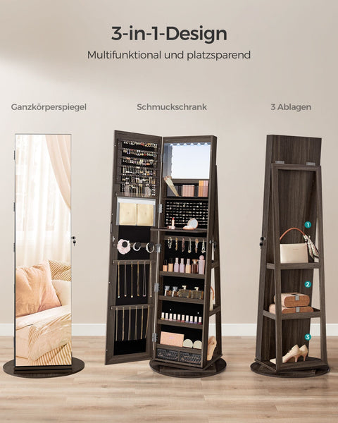 Rootz Jewelry Cabinet - Armoire - Organizer - Full-Length Mirror - 3 Shelves - 40cm x 36cm x 140cm